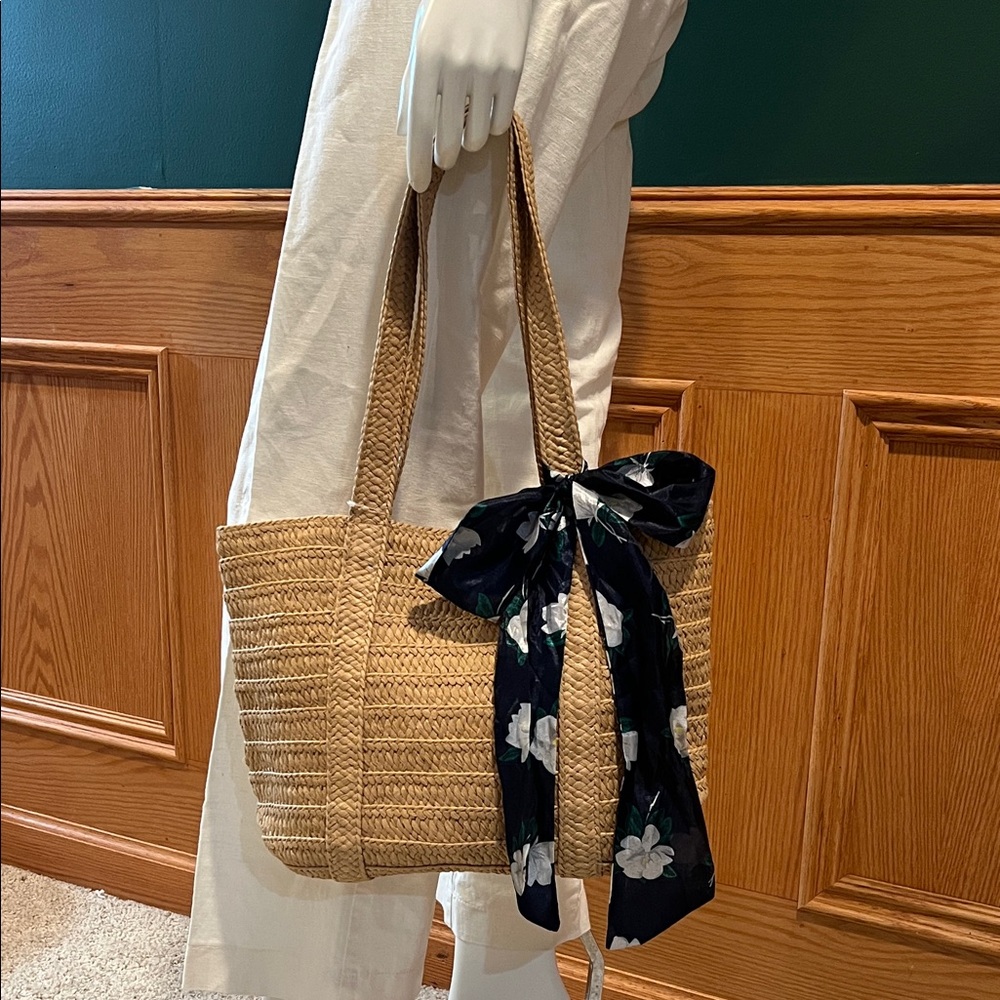 Draper James Tan Woven Tote with Black Floral Accent
